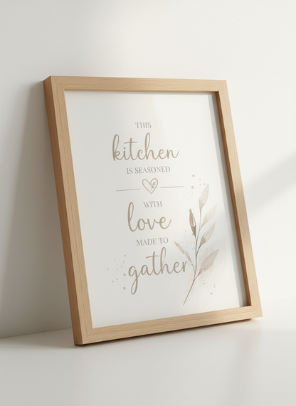 Kitchen Wall Art | Seasoned with Love Gather Quote, Rustic Farmhouse Decor