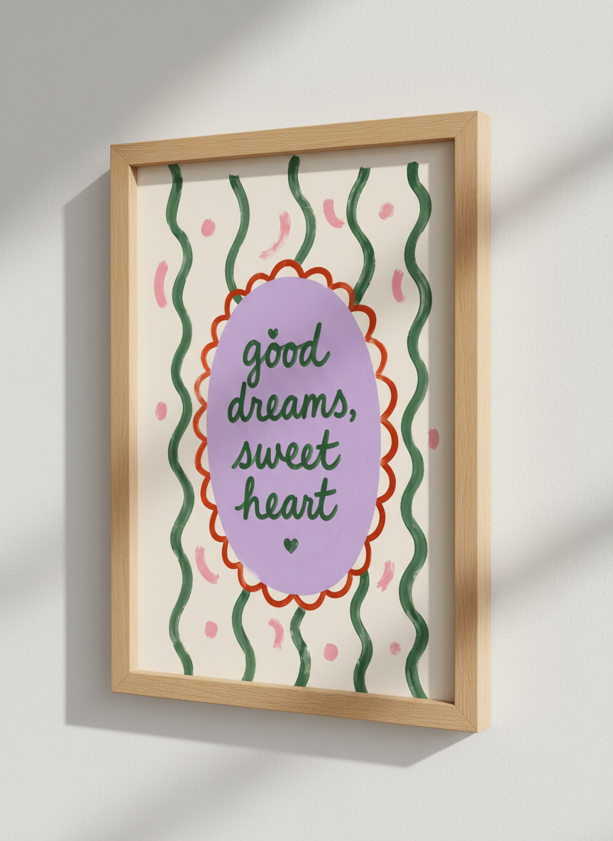 Good Dreams Sweet Heart Wall Art | Nursery Decor | Whimsical Quote Print