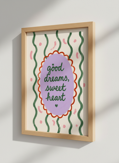 Good Dreams Sweet Heart Wall Art | Nursery Decor | Whimsical Quote Print