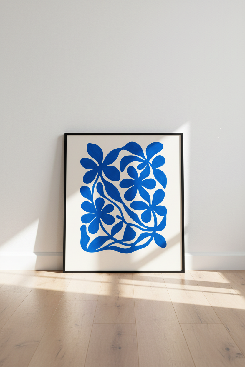 Abstract Floral Wall Art Print | Modern Blue Botanical Framed Art | Living Room Decor | Eclectic Gallery Wall Poster