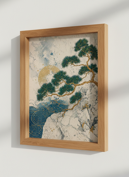 Japanese Pine Tree Wall Art Print | Teal &amp; Gold Nature Decor | Zen Landscape Poster
