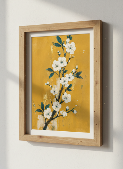White Cherry Blossom Wall Art | Yellow Botanical Flower Poster | Zen Boho Room Decor
