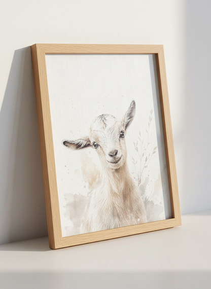 Cute Baby Goat Wall Art | Neutral Watercolor Animal Nursery Decor | Farmhouse Poster