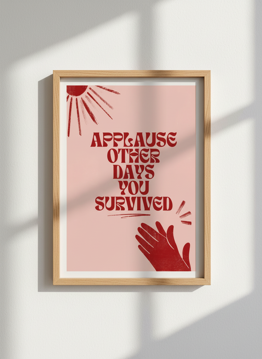 Retro Survival Quote Wall Art | Pink &amp; Red Groovy Poster, Home Office Decor