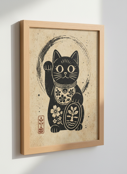 Maneki Neko Lucky Cat Art | Japanese Linocut Style, Black &amp; Beige Zen Decor