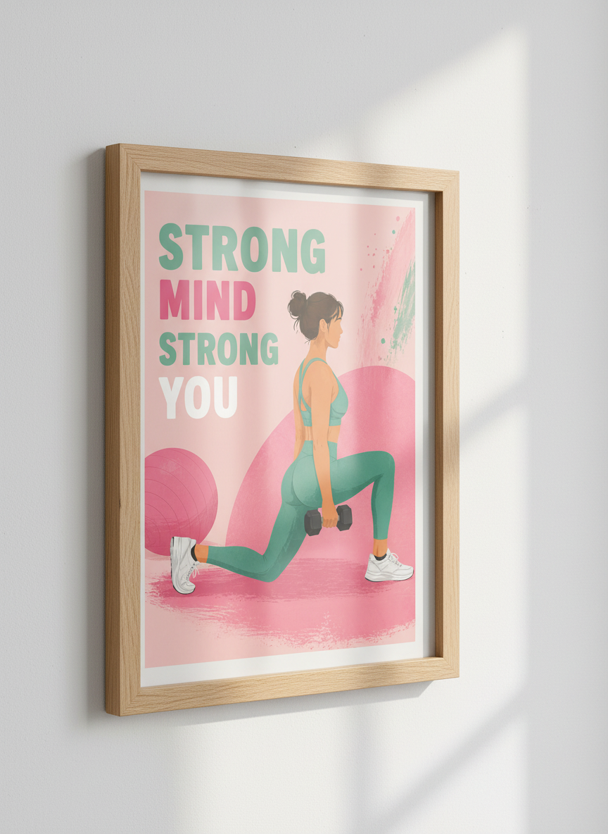 Strong Mind Fitness Wall Art | Pink Teal Gym Decor | Motivational Poster