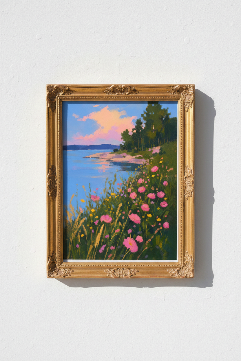 Seaside Floral Print | Impressionist Pink Blue, Living Room Decor