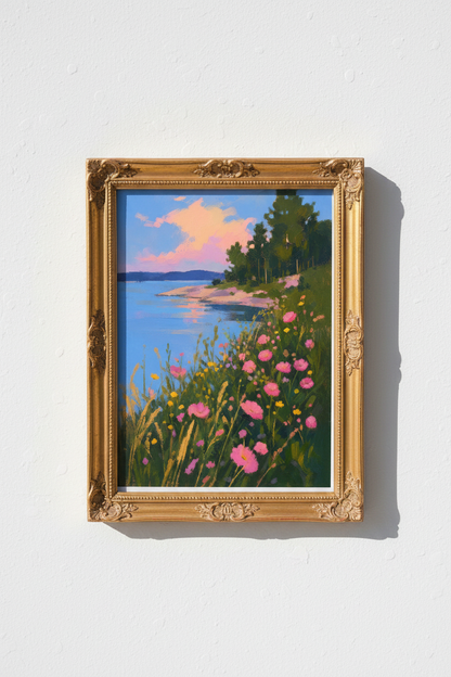 Seaside Floral Print | Impressionist Pink Blue, Living Room Decor