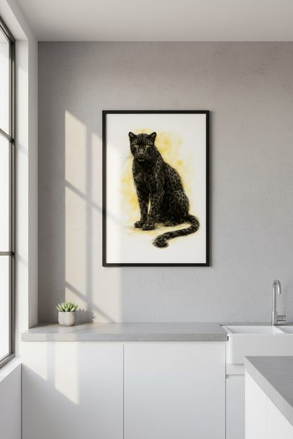 Watercolor Black Panther Wall Art Print | Jungle Home Decor | Wildlife Animal Poster | Yellow &amp; Black | Digital &amp; Framed Options