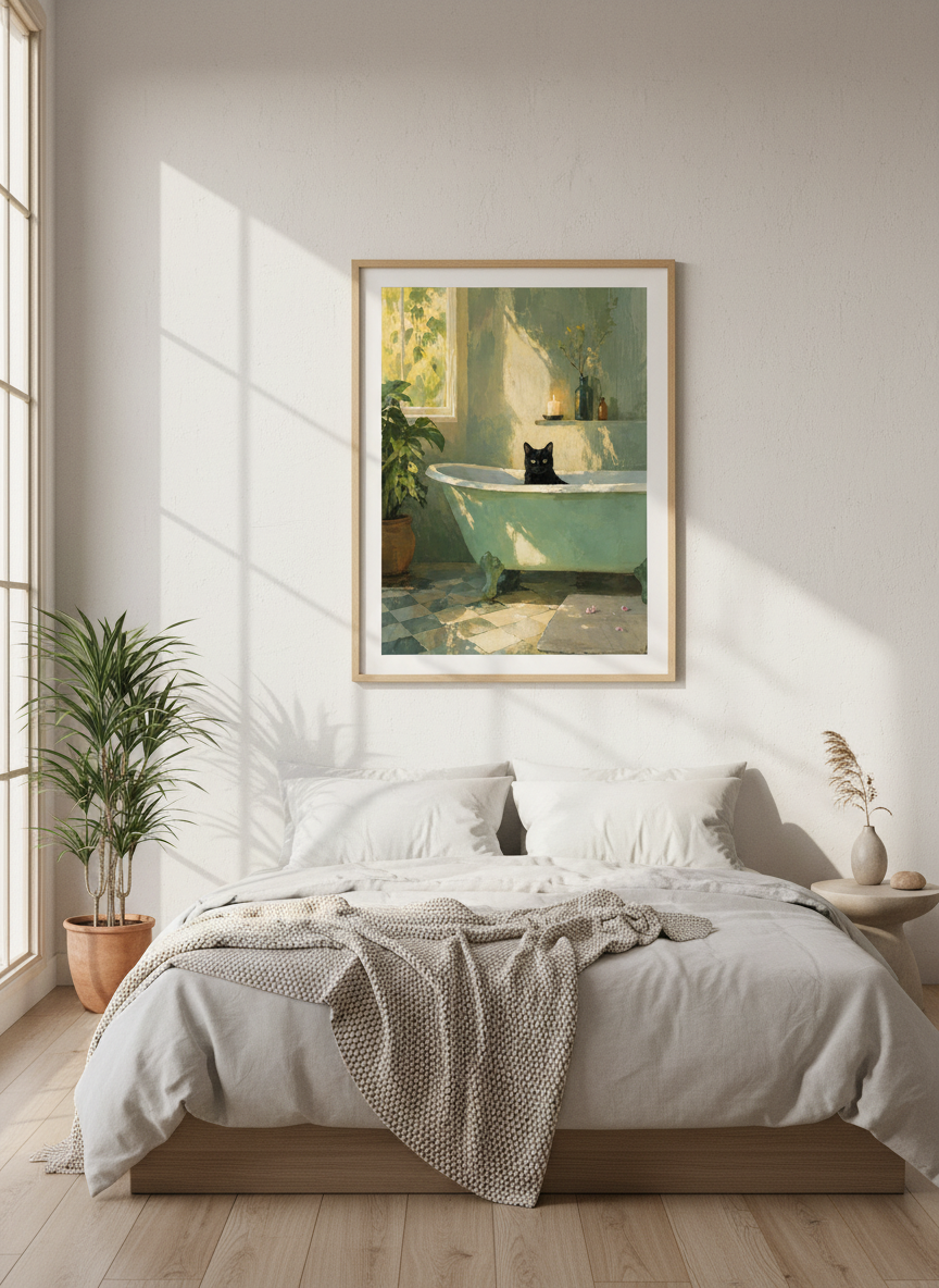 Black Cat in Bathtub | Sage Green Impressionist, Bathroom Decor Wall Art
