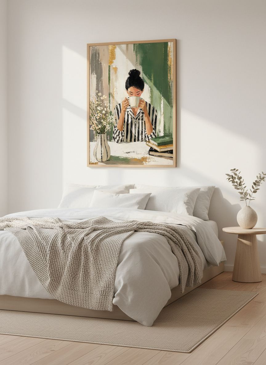 Coffee Woman Wall Art Print | Sage Green Kitchen Decor | Impressionist Poster