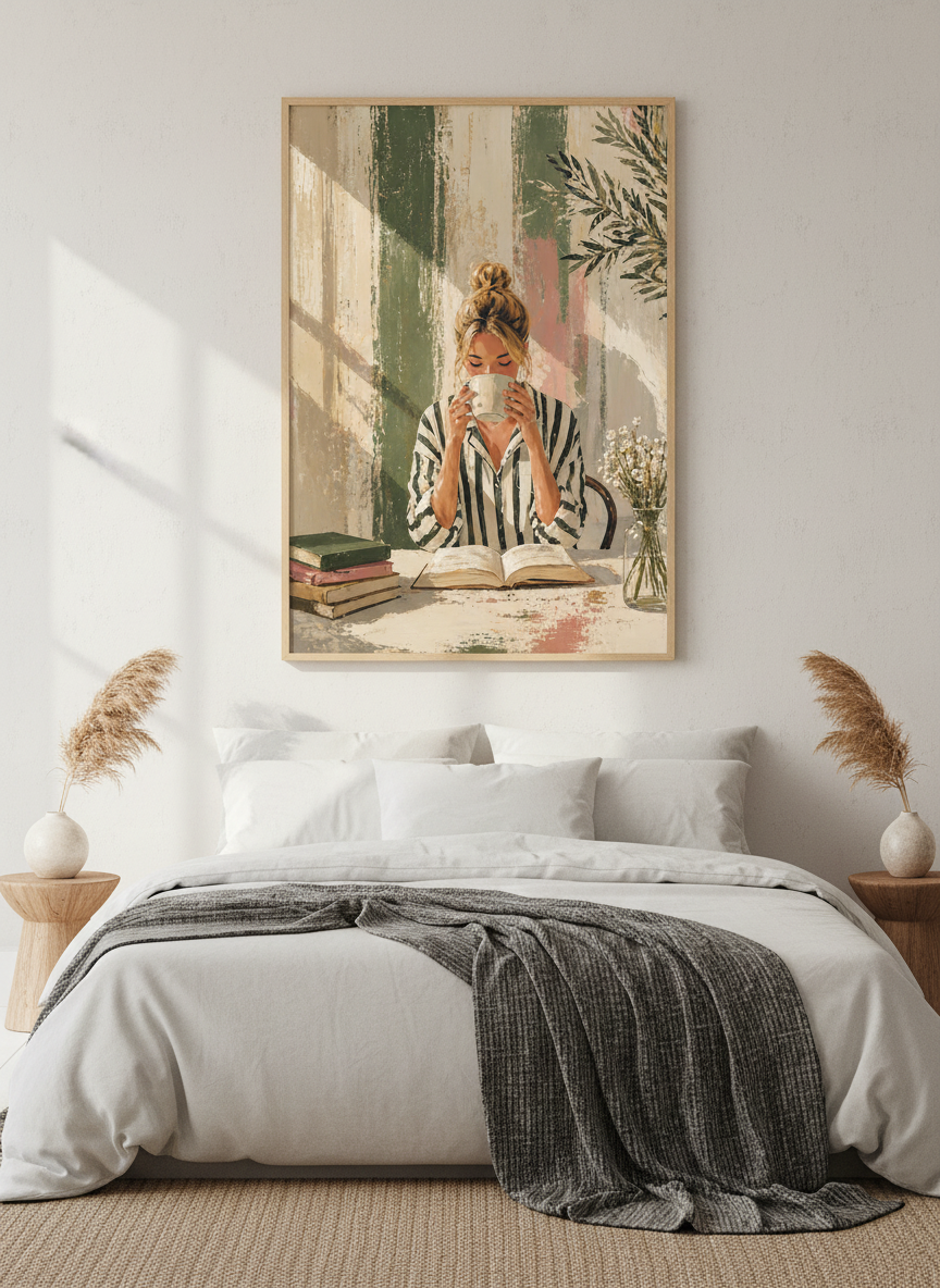 Woman Reading &amp; Coffee Art | Earthy Green Pink Canvas Print, Cozy Bedroom Decor
