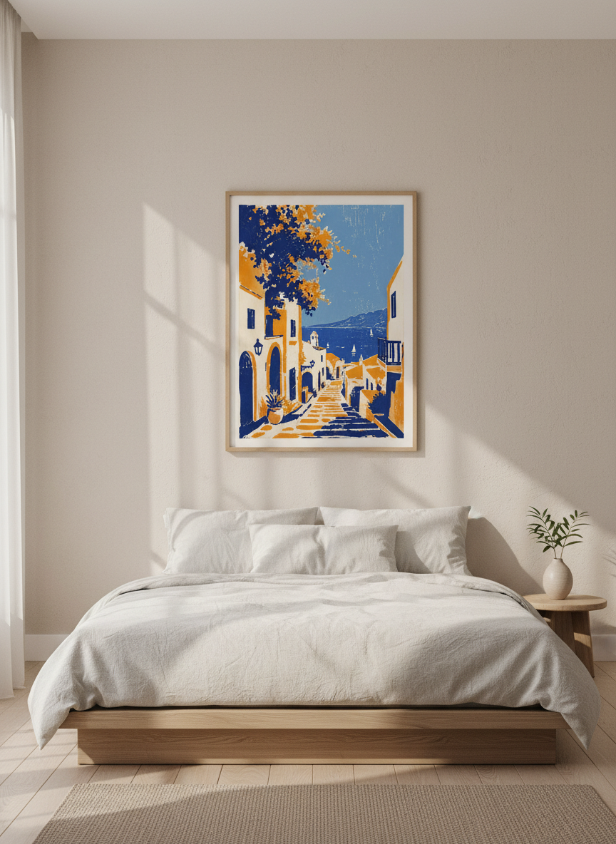 Mediterranean Coastal Village Art | Blue &amp; Orange Travel Poster, Living Room Decor