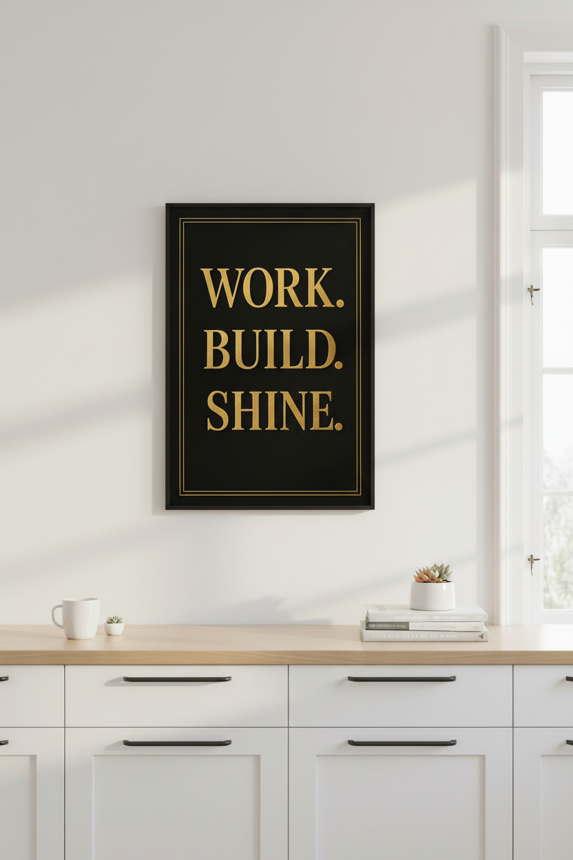 Motivational Quote Wall Art Print | Office Desk Decor | Work Build Shine Gold Black Poster | Inspirational Framed or Digital Art Gift
