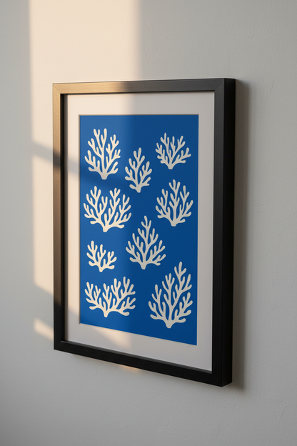Coastal Minimalist Coral Wall Art Print | Ocean Blue Living Room Decor | Nautical Framed Poster | Ready To Hang Wall Decor