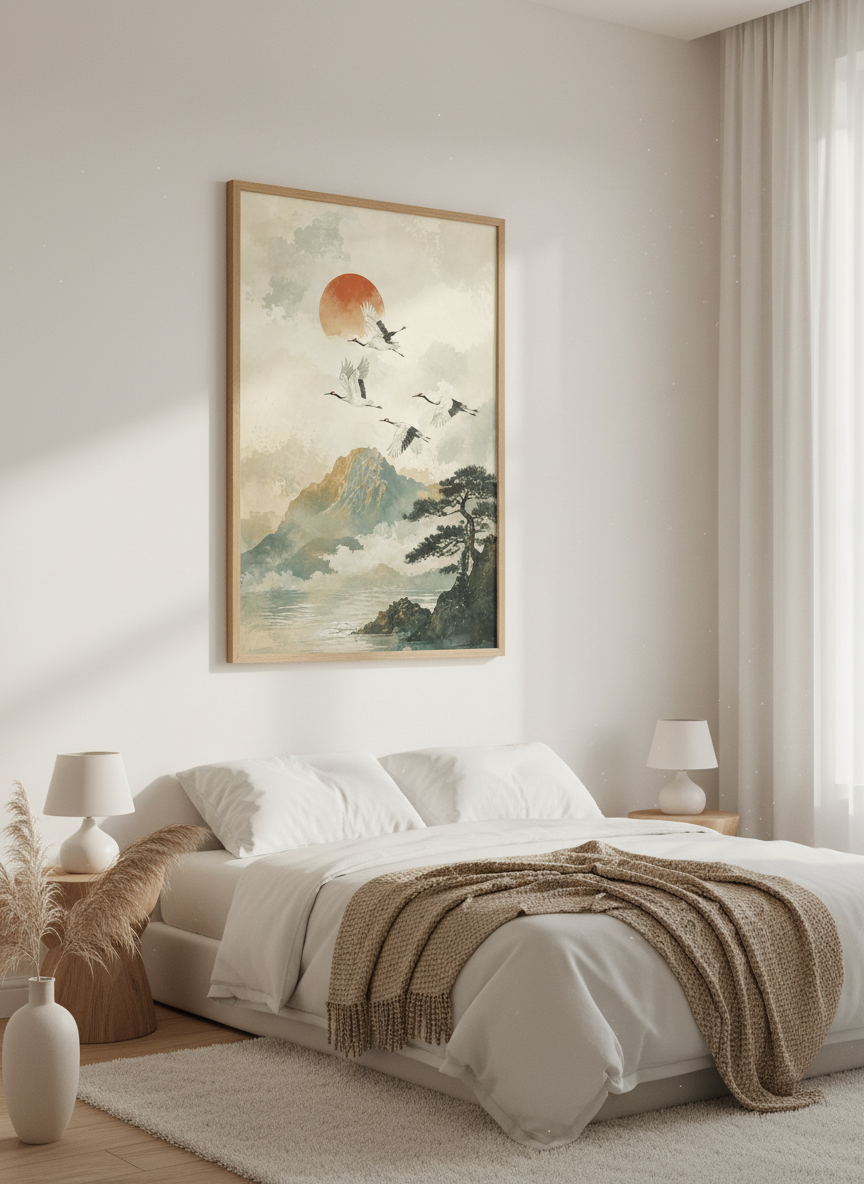Japanese Crane Wall Art Print | Misty Mountain Landscape Decor | Minimalist Poster