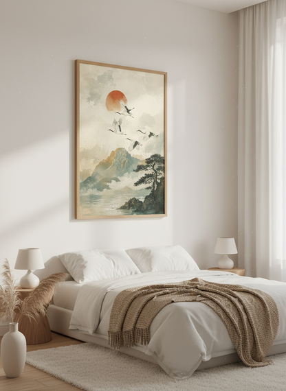 Japanese Crane Wall Art Print | Misty Mountain Landscape Decor | Minimalist Poster