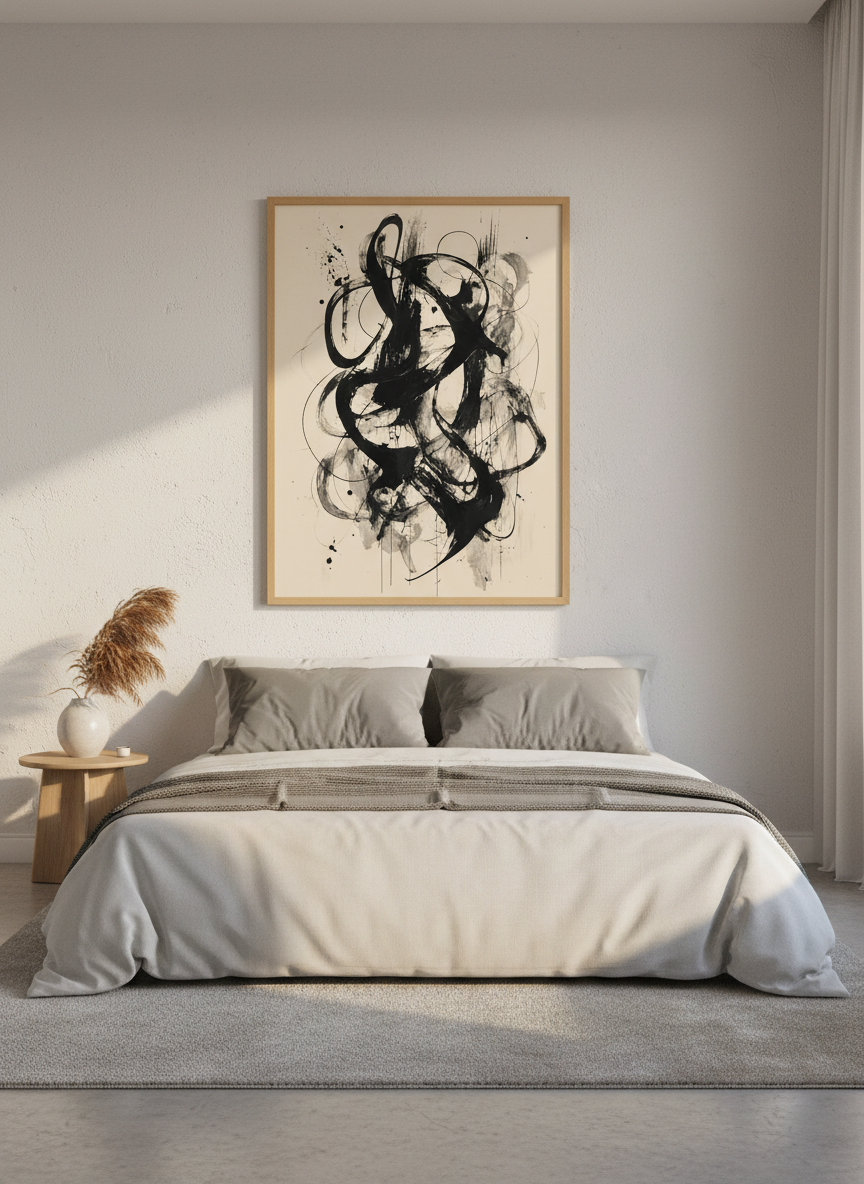 Abstract Ink Stroke Wall Art | Black and Beige Minimalist Print, Modern Office Decor
