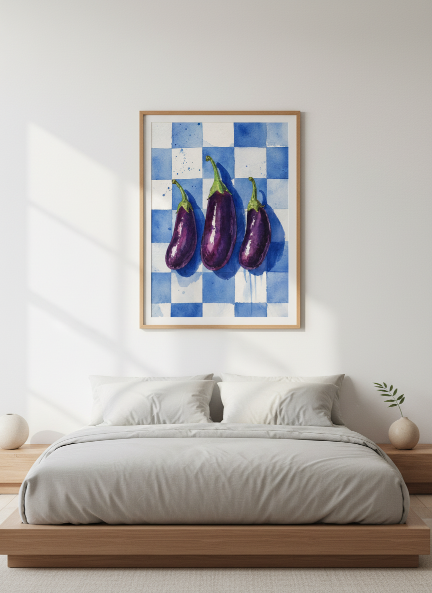 Eggplant Watercolor Print | Purple Kitchen Wall Art, Blue Checkered Poster