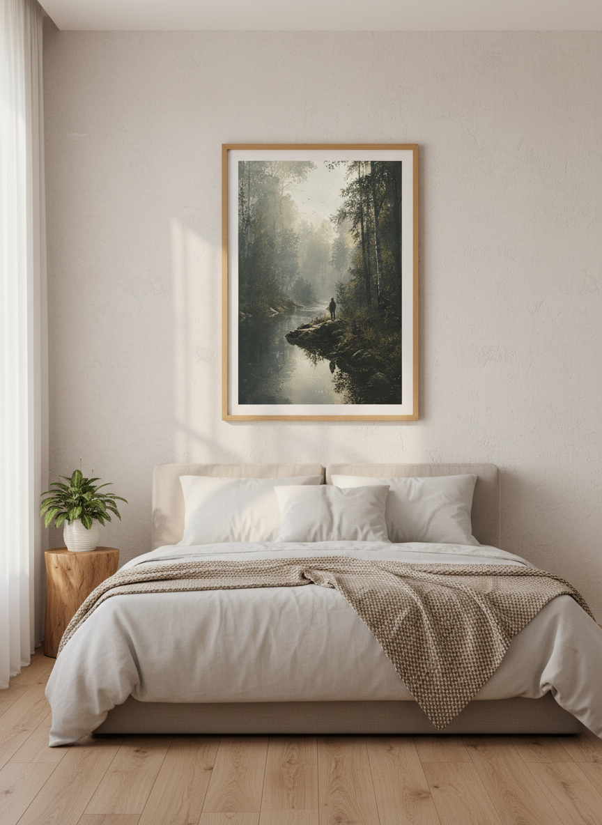 Misty Forest River Wall Art | Moody Landscape Print, Nature Living Room Decor