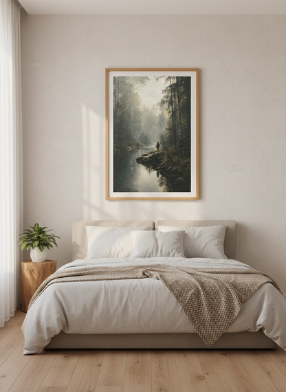 Misty Forest River Wall Art | Moody Landscape Print, Nature Living Room Decor