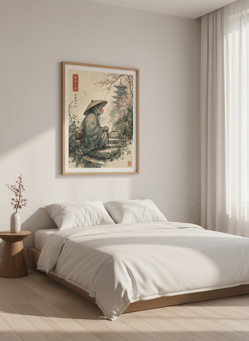 Japanese Monkey Monk Wall Art | Zen Pagoda &amp; Cherry Blossom, Japandi Decor