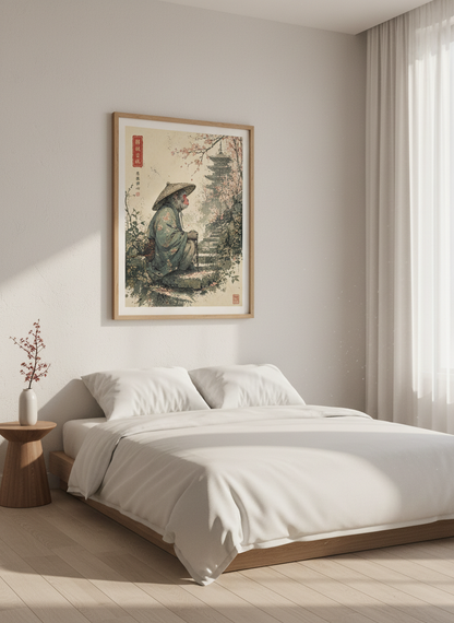 Japanese Monkey Monk Wall Art | Zen Pagoda &amp; Cherry Blossom, Japandi Decor