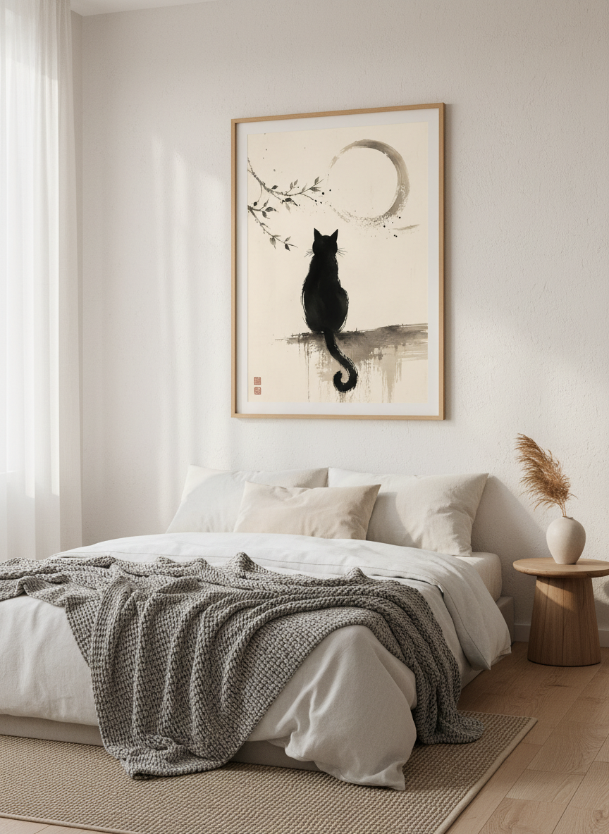 Japanese Black Cat Moon Wall Art | Minimalist Ink Poster | Zen Living Room Decor