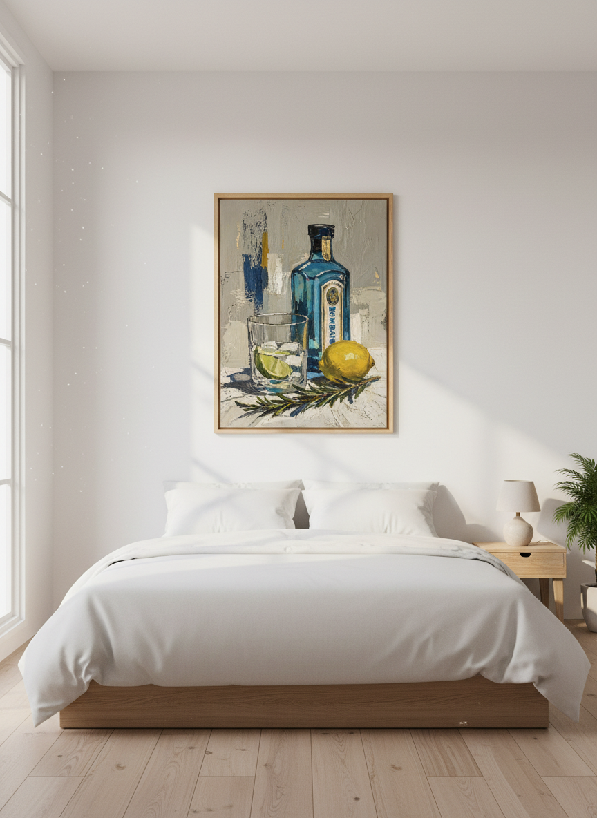 Gin Bottle Oil Painting | Blue Bar Cart Decor, Modern Kitchen Art Print