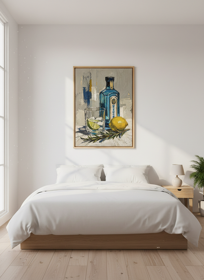 Gin Bottle Oil Painting | Blue Bar Cart Decor, Modern Kitchen Art Print