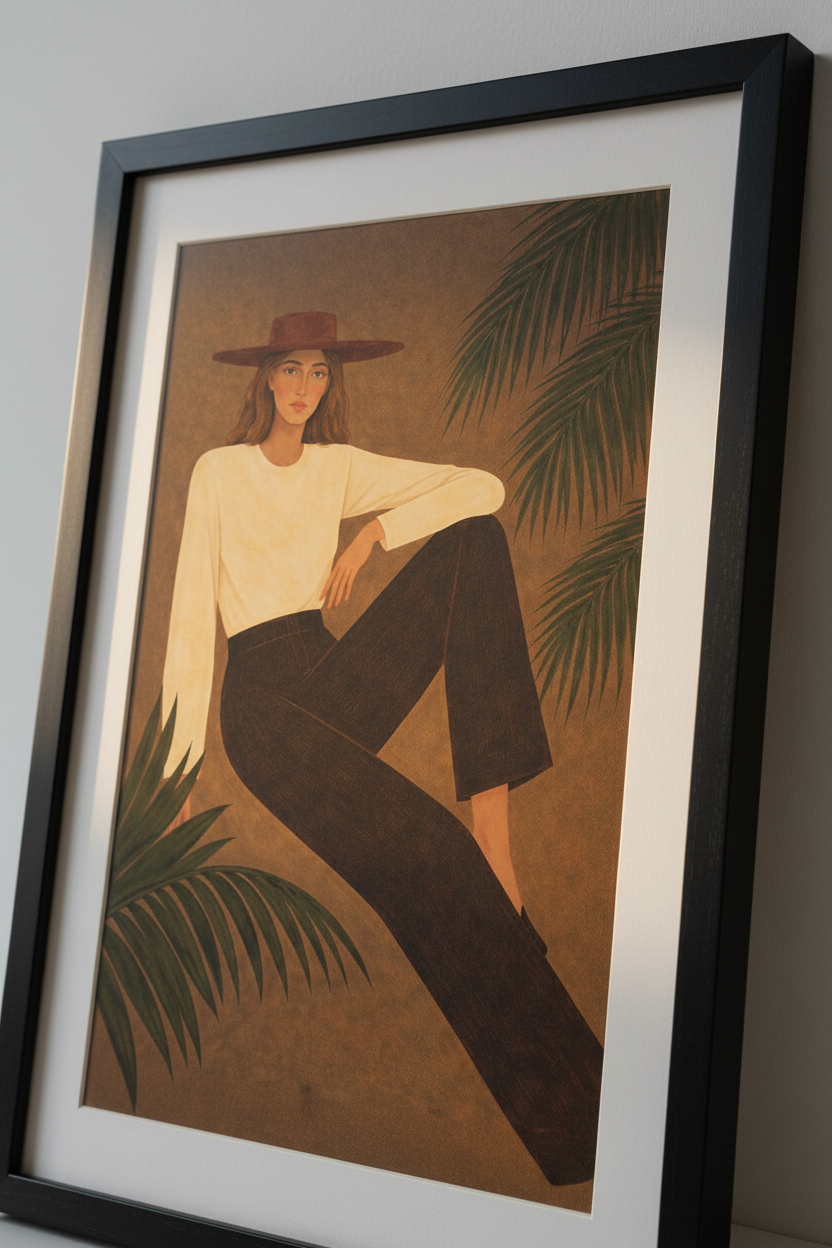 Boho Woman Portrait Framed Art Print | Living Room Decor | Mid-Century Modern Abstract Girl Wall Art | Ready to Hang Poster