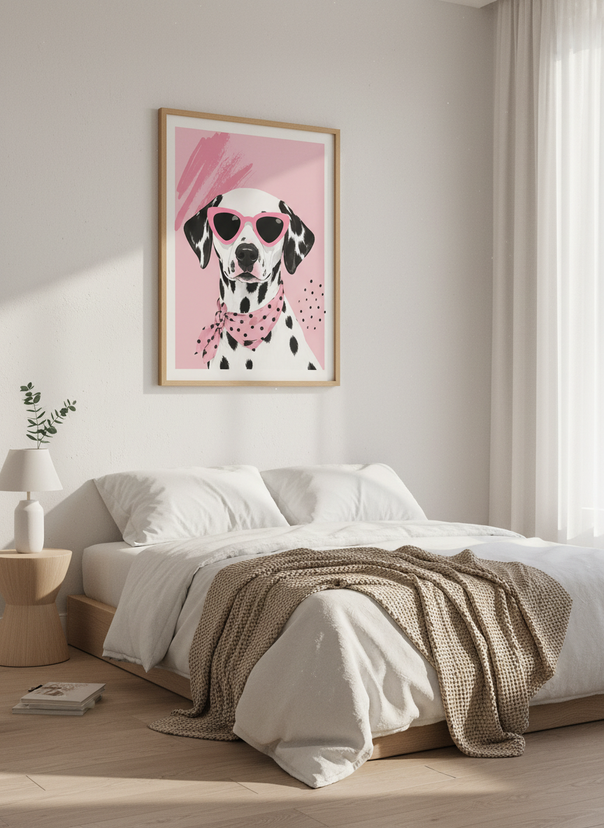 Dalmatian with Sunglasses Art | Pink Preppy Portrait, Girly Bedroom Decor Poster