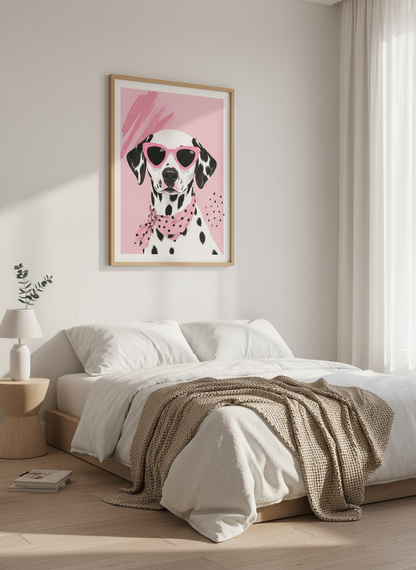 Dalmatian with Sunglasses Art | Pink Preppy Portrait, Girly Bedroom Decor Poster