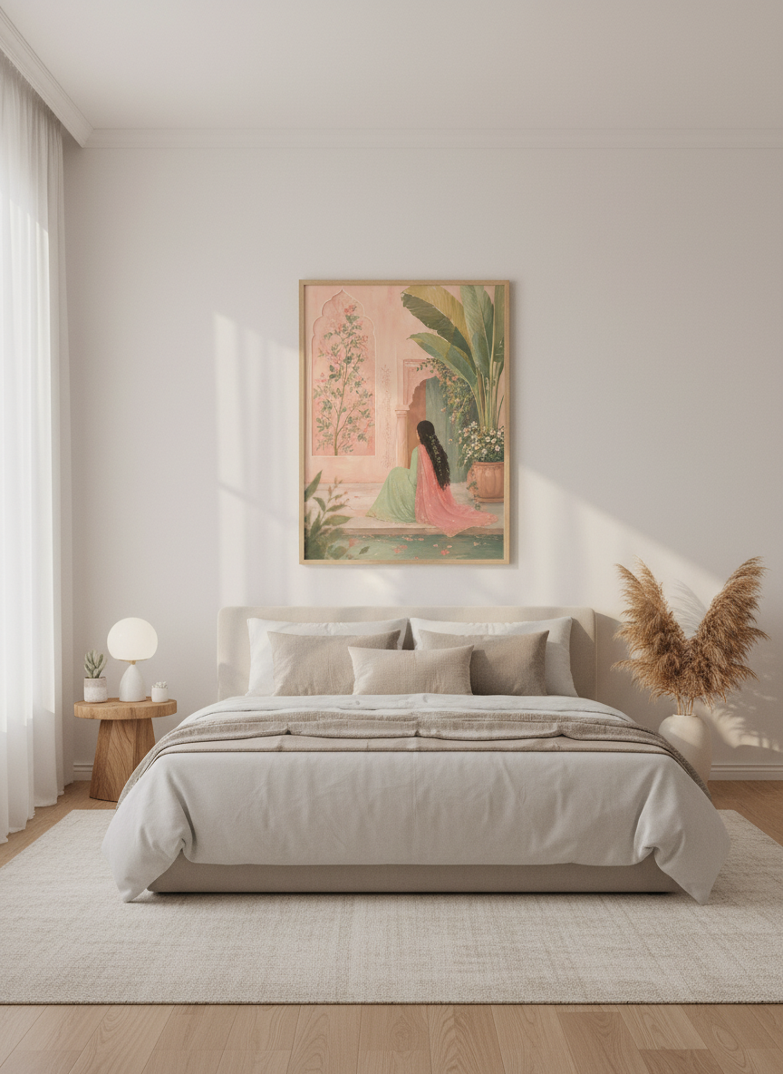 Indian Garden Wall Art | Pink Botanical Painting, Mughal Decor Poster