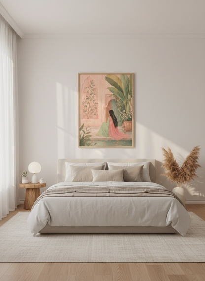 Indian Garden Wall Art | Pink Botanical Painting, Mughal Decor Poster