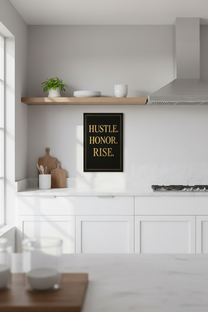 Minimalist Inspirational Quote Wall Art Print | Office Decor | Modern Entrepreneur Poster | Hustle Honor Rise Gold Black Art