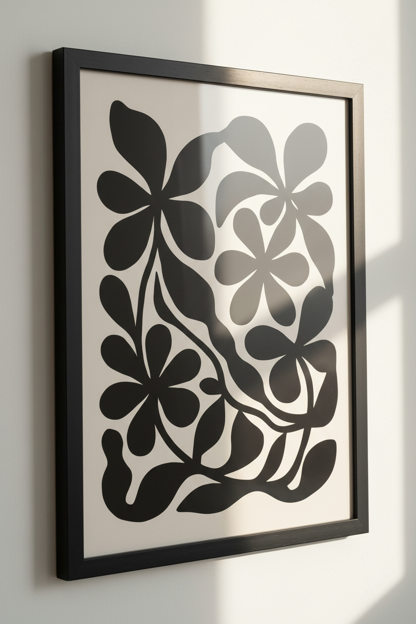 Minimalist Floral Wall Art Print | Modern Botanical Home Decor | Black &amp; Neutral Aesthetic Framed Poster