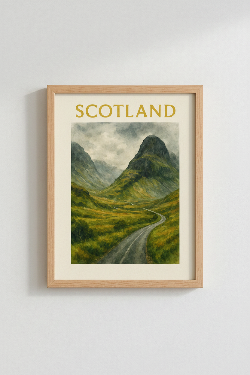 Glencoe Scotland Travel Poster - Watercolor Landscape Print, Misty Highland Wall Art, Scottish Mountain Valley Decor,A1 A2 A3 A4