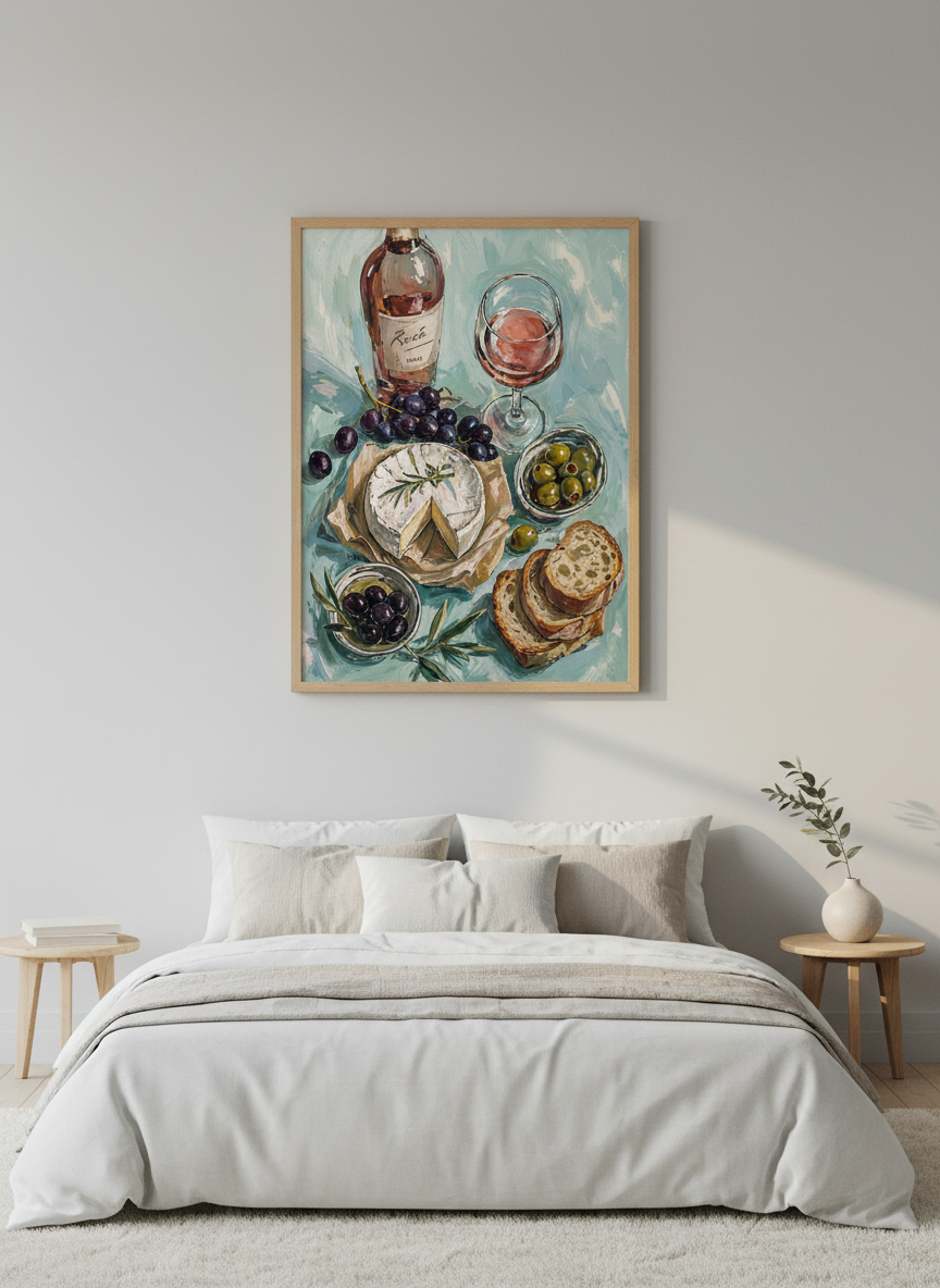 Rosé Wine &amp; Cheese Still Life Wall Art | Kitchen Decor | Impressionist Poster