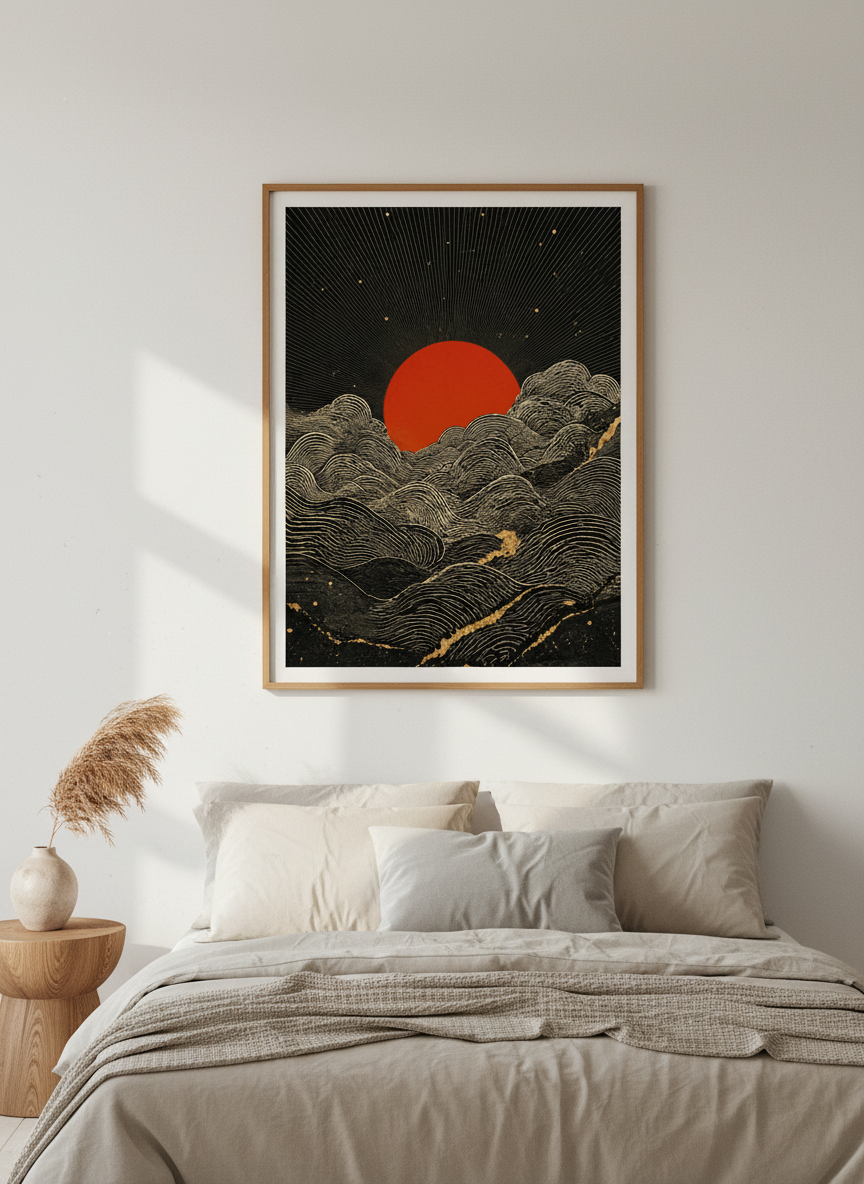 Red Sun &amp; Gold Waves Wall Art | Japanese Style Landscape | Celestial Zen Poster