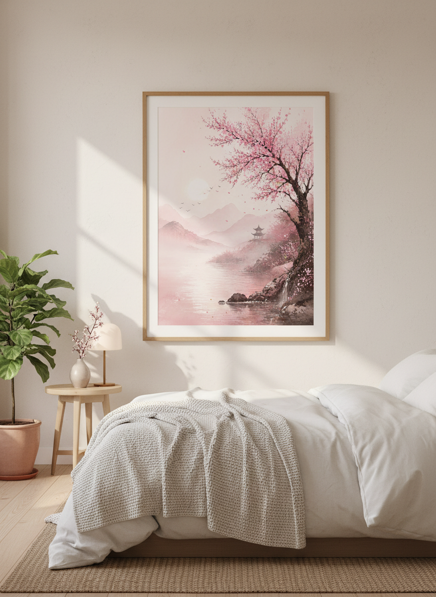 Cherry Blossom Landscape | Pink Japanese Watercolor Art, Zen Bedroom Decor