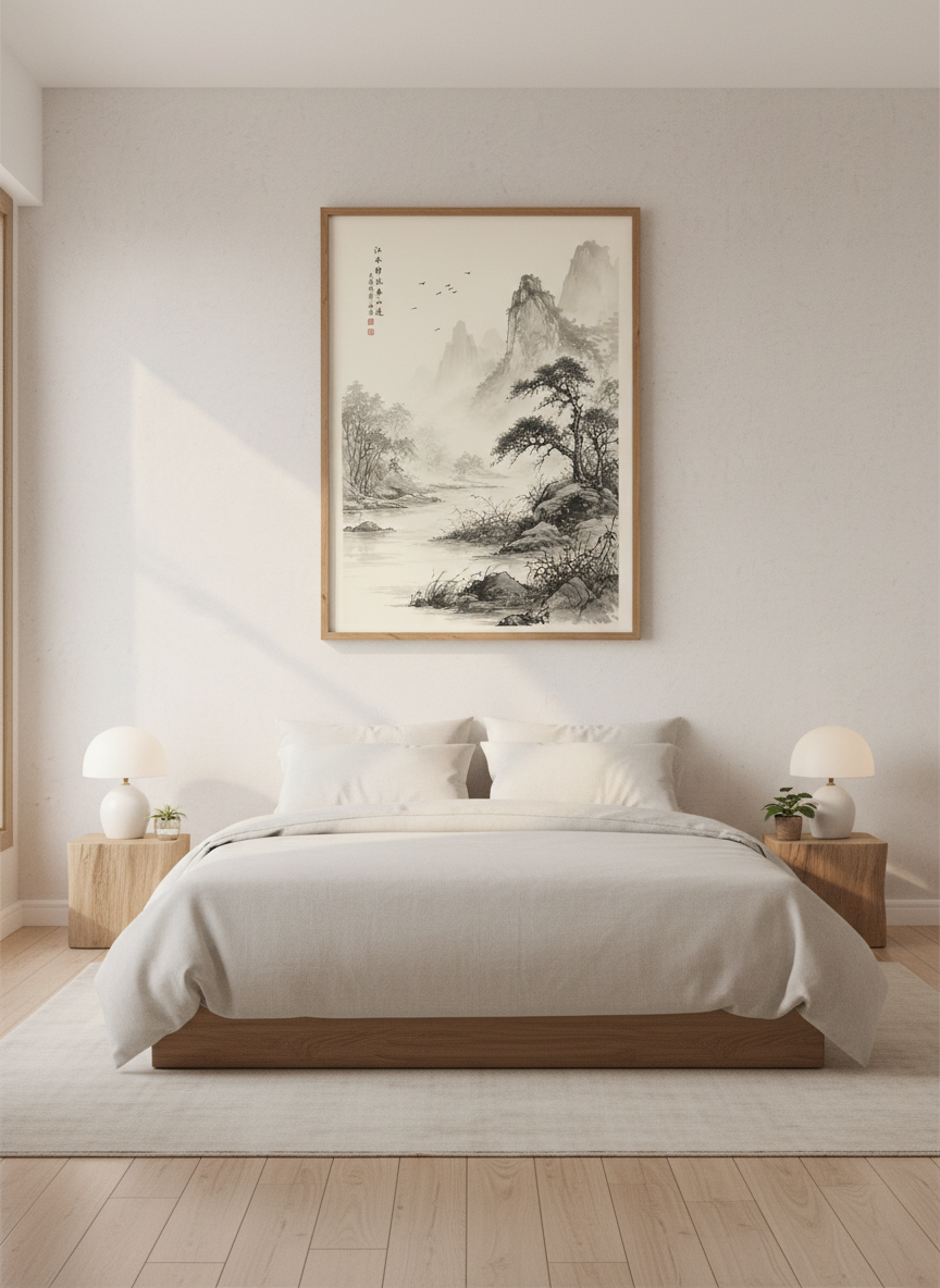 Japanese Landscape Wall Art | Ink Wash Mountain Print | Zen Home Decor Poster