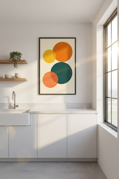 Abstract Geometric Wall Art Print | Mid Century Modern Wall Decor | Minimalist Poster | Orange Teal Yellow Circles