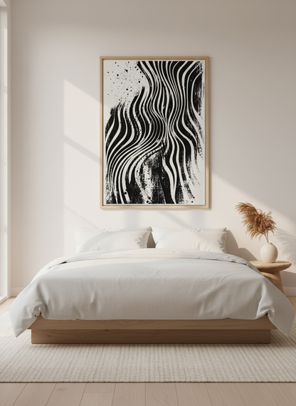 Abstract Wavy Lines Wall Art | Black and White Ink Poster, Modern Office Decor