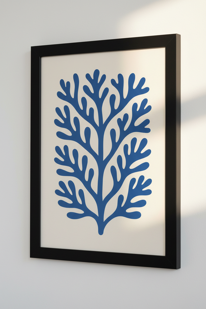 Abstract Ocean Coral Framed Wall Art | Coastal Living Room Decor | Mid Century Blue Aesthetic Poster | Ready to Hang Print