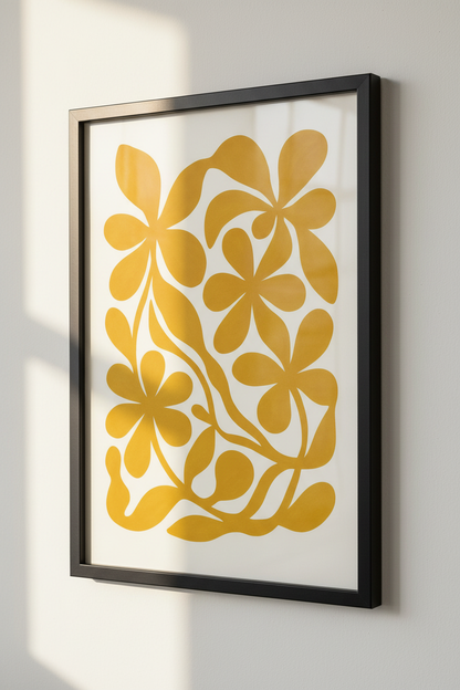 Abstract Floral Wall Art Print | Boho Bedroom Decor | Mid Century Modern Framed Poster | Botanical Gold Flower Art