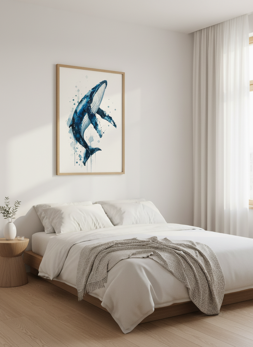 Blue Watercolor Whale Wall Art | Indigo Nautical Decor, Coastal Nursery Poster