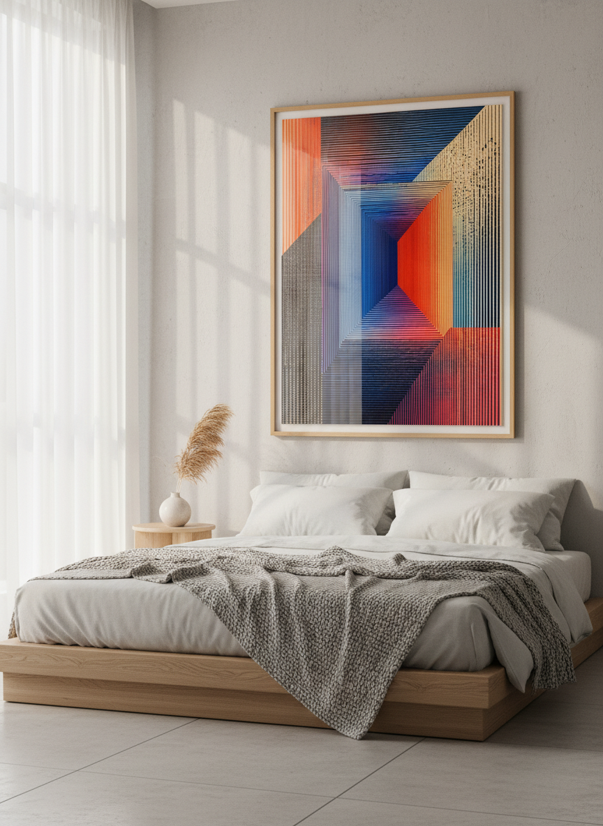 Abstract Geometric Optical Illusion Art | Navy &amp; Orange Modern Decor, Living Room Poster