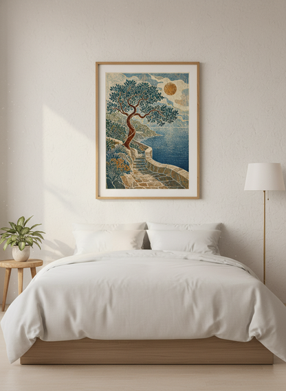 Mediterranean Tree Wall Art Print | Coastal Path Decor | Woodcut Aesthetic Poster