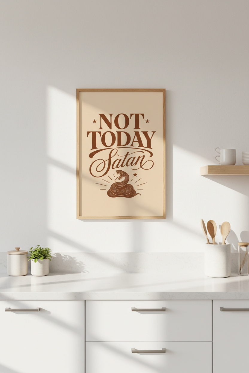 Not Today Satan | Vintage Typography, Soft Beige Decor